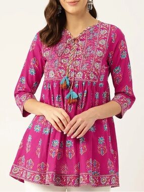 JAIPUR MORNI KURTI PRINT BLOCK COTTON BOHO TUNIC,  XXL, 3/4 SLEEVE & TASSELS